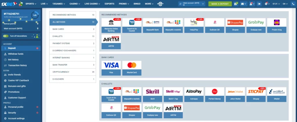 Deposit methods for Sports Betting at 1xBet Malaysia