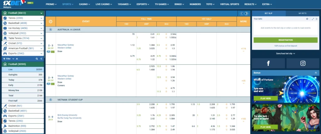 1xBet 马来西亚的足球投注选项